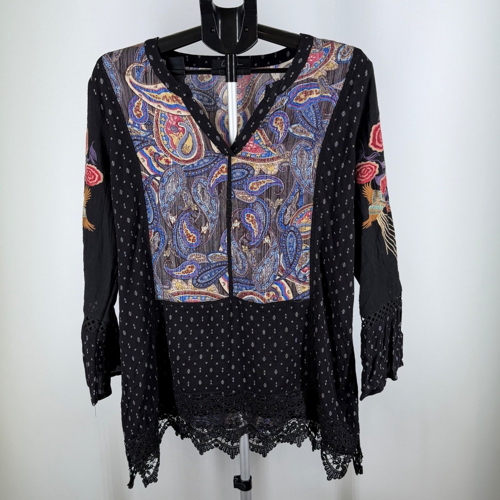 Calessa Womens Black Paisley Floral Embroidered Lace Trim Boho Tunic Top L